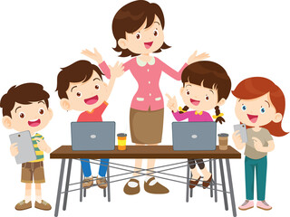 happy teacher and student learning computer