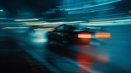Racing sportts car driving with fast speed on the road with motion blur at night