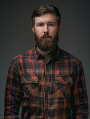 Fototapeta premium Calm looking man with beard in a checkered shirt posing for a studio shot