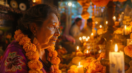 A senior woman adorned with marigold garlands reflects by candlelight during a traditional festival.