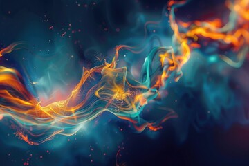 A digital abstract featuring a cascade of glowing, fluid shapes against a dark backdrop,