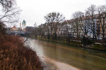 Isar River passing through Munich and the cityscape around the riverbank, Germany - 763283265