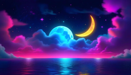 A neon light art piece depicting a seascape at night with a full moon and colorful clouds and stars - obrazy, fototapety, plakaty