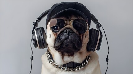 A pug with accessories in a stylish image on an isolated background looks like a real star among the dog world, attracting attention with its unusual appearance.