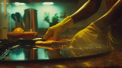 Close-up of Woman in Yellow Gloves Cleaning Kitchen at Home - obrazy, fototapety, plakaty