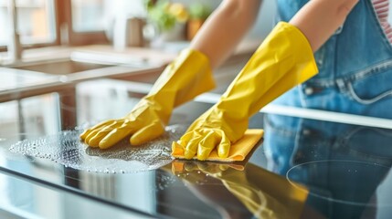 Close-up of Woman in Yellow Gloves Cleaning Kitchen at Home