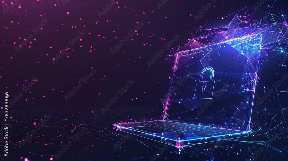Poster The lock on a laptop screen is a low poly wireframe modern illustration. This concept is about protecting digital data or keeping it secure. there are stars and a dark sky on the background with