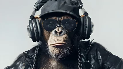 Zelfklevend Fotobehang The extravagant style of the monkey wearing sunglasses and headphones creates a cheerful and positive atmosphere, bringing joy and fun. © Iaroslav