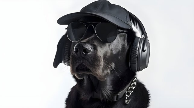 Sunglasses, cap and headphones make the image of a Labrador unique and fashionable, giving it charm and style.