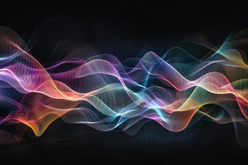 A visualization of sound waves, with colorful lines rippling across a dark background,