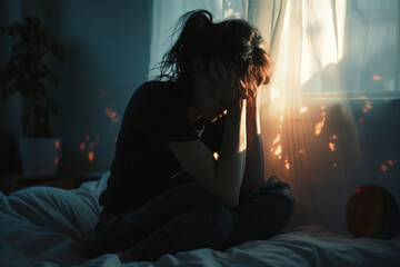 Naklejka premium Cozy morning moment of a woman sitting on a bed basking in the sunlight streaming through the window curtains