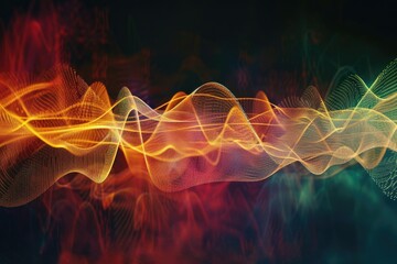 A visualization of sound waves, with colorful lines rippling across a dark background,