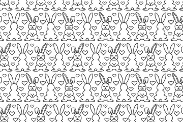 Line art bunnies seamless pattern. Repeating pattern with outline cute rabbits and hearts.