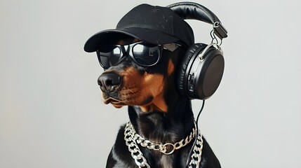 A Doberman dog in fashionable accessories, against the background of isolated whiteness, creates a vivid image of a modern and stylish pet.
