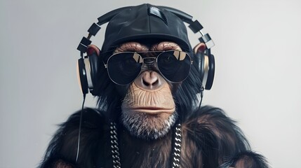 A monkey in sunglasses, cap and headphones on a white background looks funny and unusual, adding humor and originality to the image. - obrazy, fototapety, plakaty