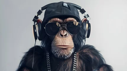 Foto auf Leinwand A monkey in sunglasses, cap and headphones on a white background looks funny and unusual, adding humor and originality to the image. © Iaroslav