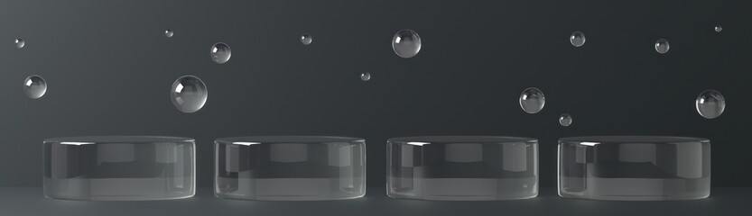horizontal clear glass podium in black background 3D render	
