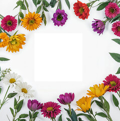Spring mockup. Frame of flowers on a white background with free white copy space