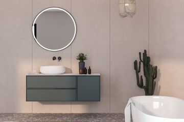 A bathroom with a large mirror and a white sink. A potted cactus is on the counter next to the sink
