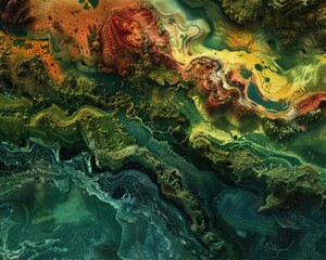 An abstract aerial view of a fantasy landscape, with vibrant colors and dreamlike textures,