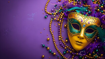 Colorful Mardi Gras Carnival Mask and Beads Against Vibrant Purple Background with Space for Text