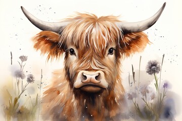 Watercolor Highland Cow Clipart on White Background