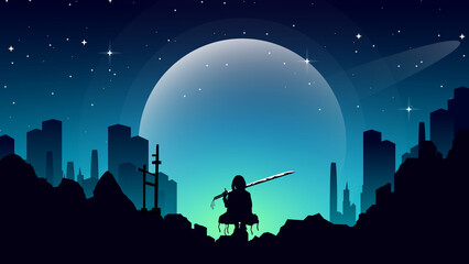 Japanese theme background. female samurai silhouette wallpaper. Japanese samurai warrior with a sword. Japanese samurai background.