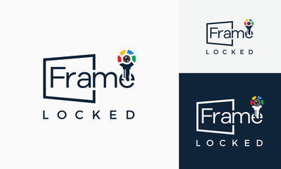 Vector key with frame corners as camera focus lens recording logo design