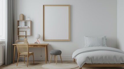 frame mockup in minimalist bedroom interior design, 3d rendering, 3d illustration