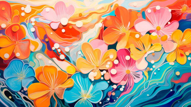 A vibrant painting showcasing a variety of colorful flowers blooming against a soothing blue background. The flowers are depicted in different shapes and sizes, creating eye. Banner. Copy space