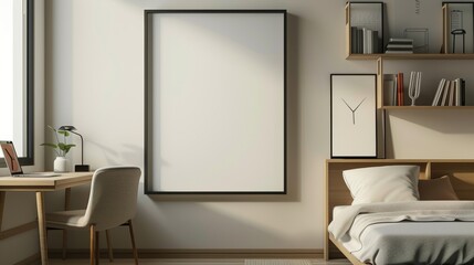 frame mockup in minimalist bedroom interior, student bedroom design, 3d rendering, 3d illustration