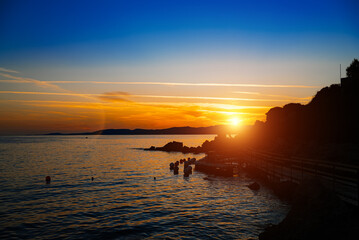 Beautiful sunset on Pefkos beach on the island of Rhodes in Greece. - 763285475