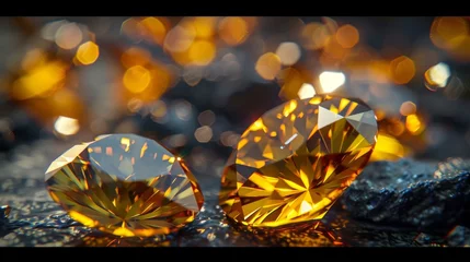 Fotobehang The dark yellow gemstone jewelry cut with dark stone background. --ar 16:9 --style raw Job ID: 2143b6f7-a661-498e-bcfe-2b943ad3245e © Sittipol 