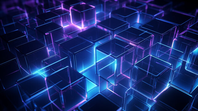 Futuristic Neon Glowing Cubes Abstract 3D Render