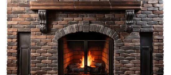 Fototapeta premium A fireplace in the center of a brick building provides warmth and ambiance with wood or gas, surrounded by brickwork and a decorative arch