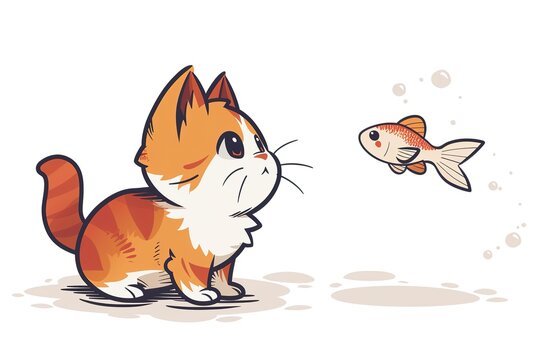 flat logo vector cute cat looking at fish cartoon vector icon illustration white background