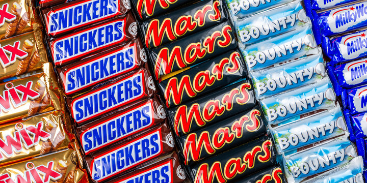Products of Mars Inc. company like Snickers, Twix, Milky Way and Bounty chocolate bars background panorama