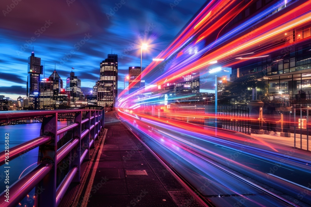 Poster dynamic light trails captured with long exposure, creating a sense of motion and energy,