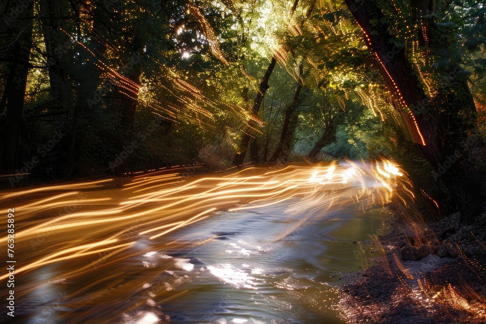 Poster dynamic light trails captured with long exposure, creating a sense of motion and energy,