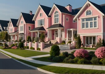 Fototapeta na wymiar Houses in suburb. Luxury houses with nice white and pink coloured landscape.