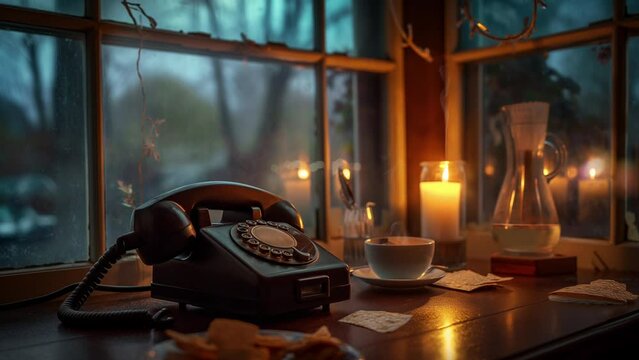Vintage told phone, retro with a cup a coffe and candle on the table near the window, animation seamless looping video 4k