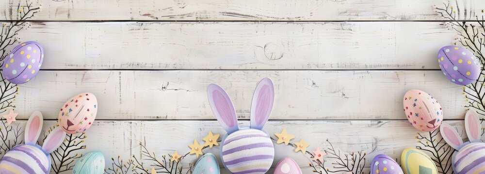 A horizontal banner with purple and white stripes in the center, adorned in the style of colorful Easter bunnies at both ends. The background is a textured wood grain pattern.