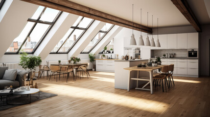 A large open kitchen with a dining room and a living room. The kitchen has a large island and a countertop with a sink