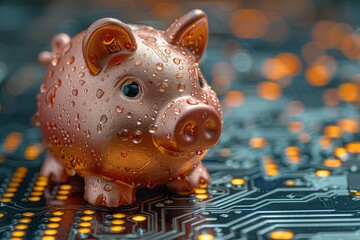 Electronic piggy bank next to crypto money on digital background, techno currency investment and bitcoin