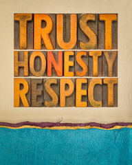 trust honesty and respect word abstract in vintage letterpress wood type on art paper, core values...