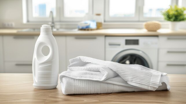 Laundry Supplies on Wooden Table with Washing Machine and Detergent