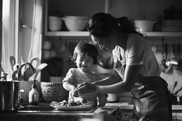 Mom And Child Happily Cooking Together, Black And White  Mother's Day Photo