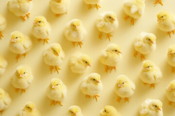 Adorable group of small yellow chicks standing in a row on vibrant yellow background
