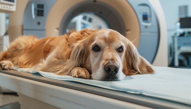 A dog awaits an MRI in a modern veterinary clinic. by AI generated image