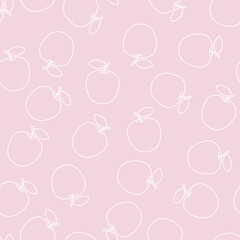 Contour drawing of apples isolated on a pink background. Seamless pattern with editable stroke. Gentle pink background with white outline for cover, fabric, decor. 
